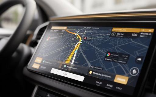 Modernes Navigations-Dashboard in einem Fahrzeug mit Routenanzeige und Verkehrsinformationen